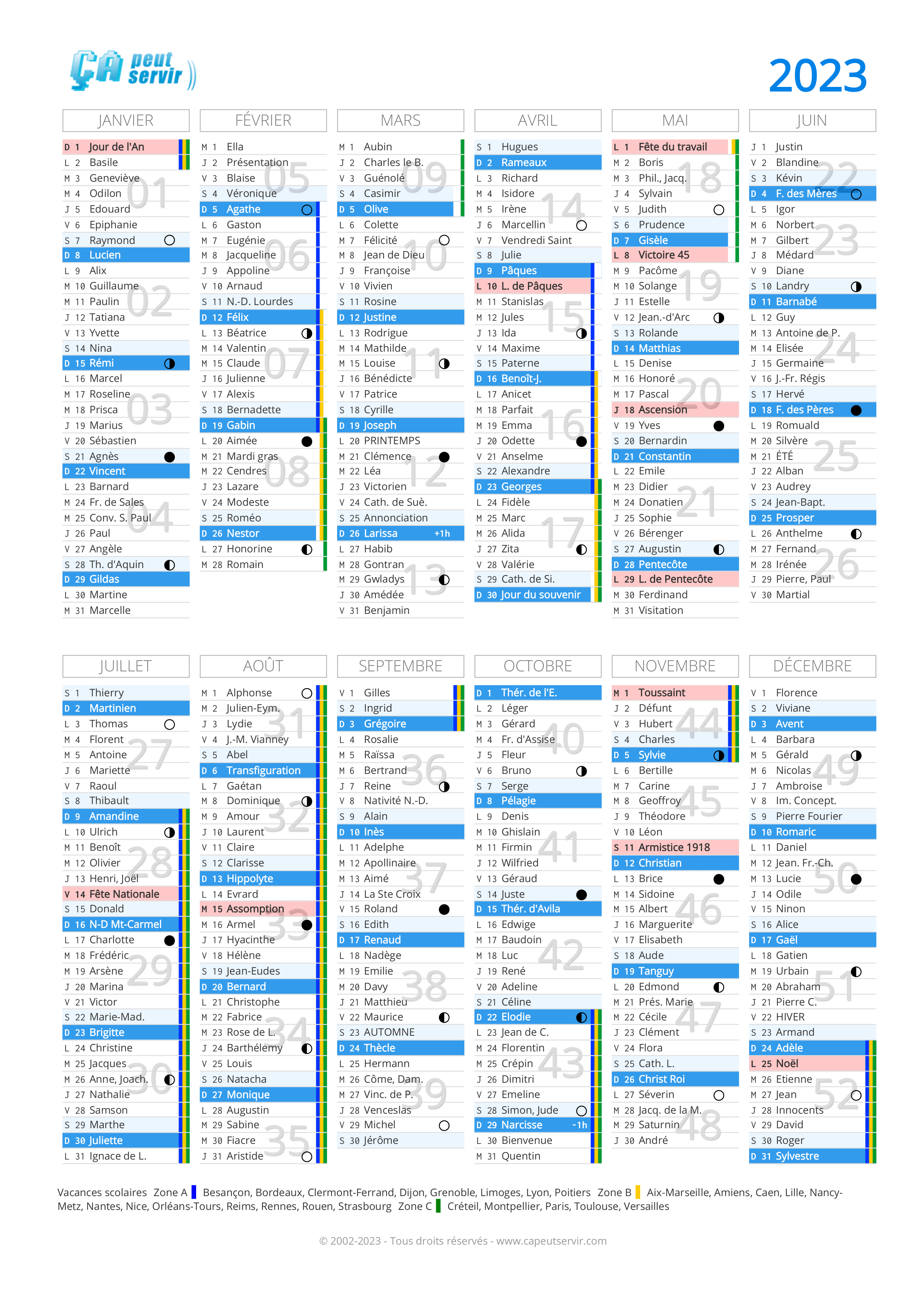 Calendrier 2023 avec jours fériés en France et numéro des semaines