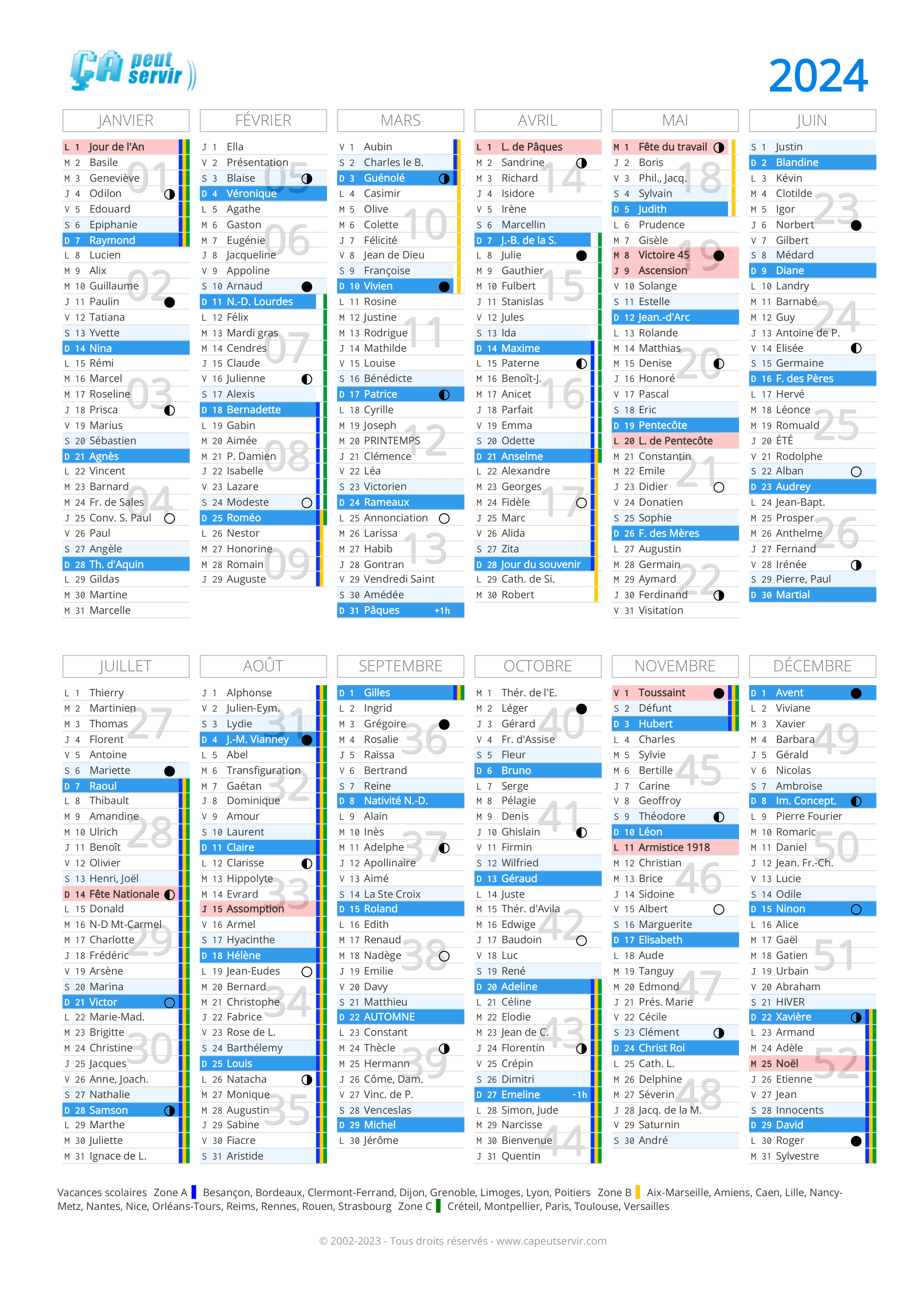 Calendrier 2024 : Vacances, Jours fériés, N° de semaine